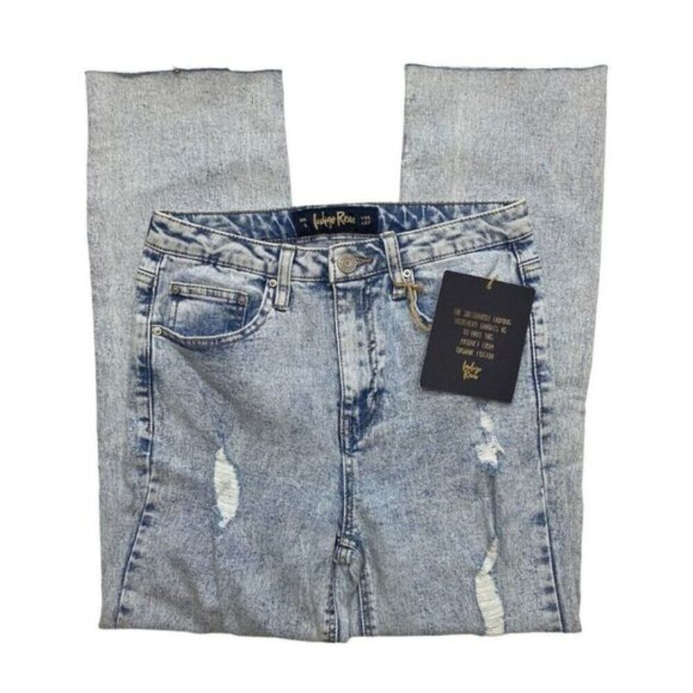 Indigo Rein Straight Crop Jeans Faded Ripped Distressed Stretch Sz 26‎ NEW